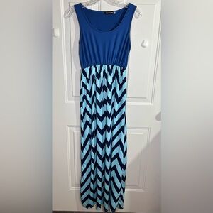 Demetory Women’s Maxi Dress XS Blue Chevron Stretch Sleeveless Long